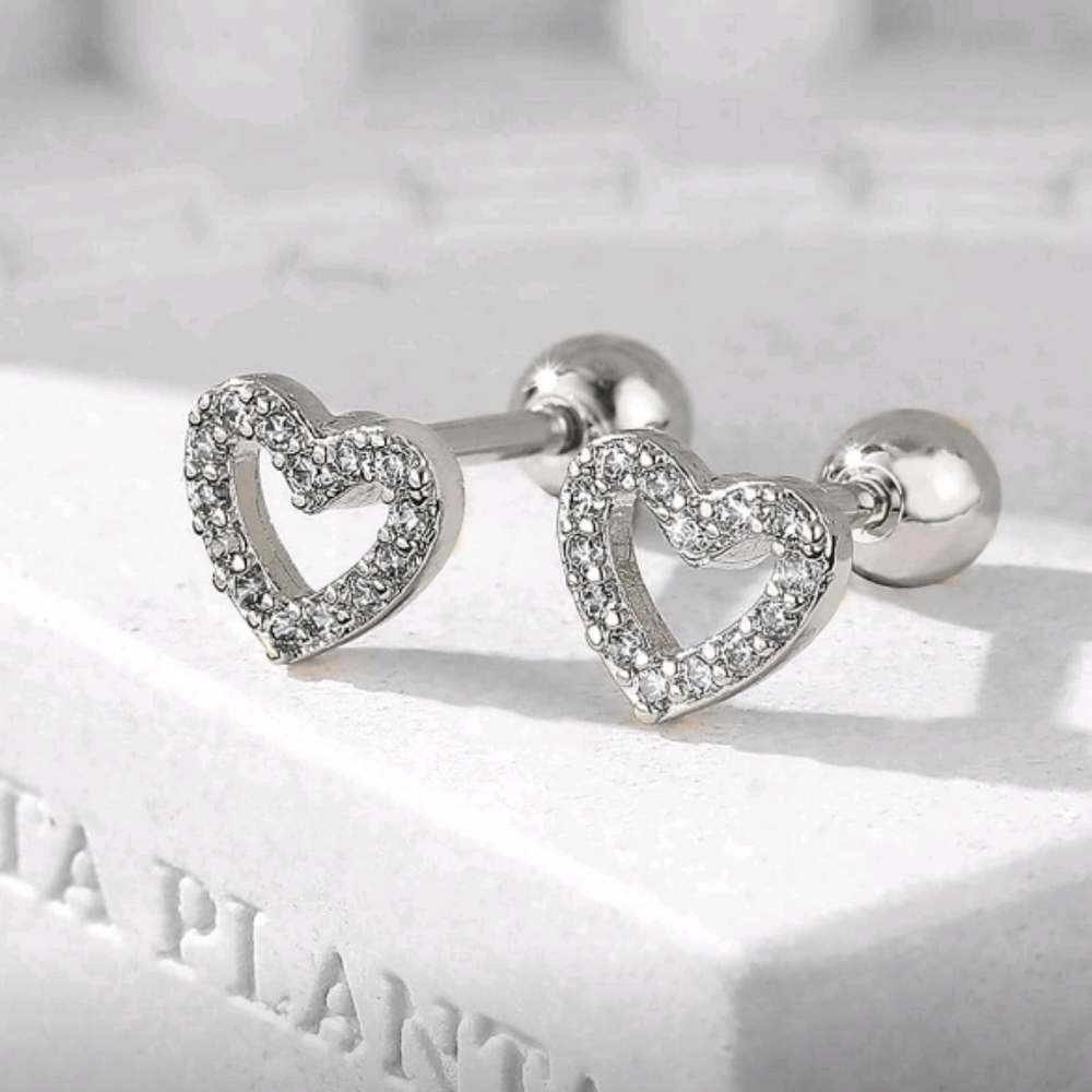 NEW! 14K White Gold Silver Plated CZ Cubic Zirconia Mini Heart Stud Earrings